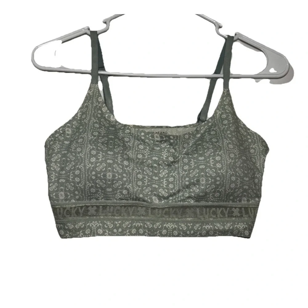 Lucky Brand Women's Bralette Large L Green Bandana White Floral Paisley Boho Bra